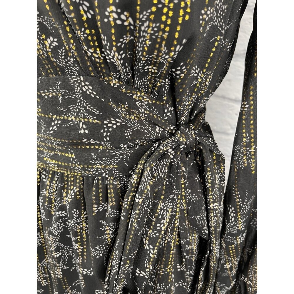 BTFL-LIFE Women's Black Metallic Floral Print Long Sleeve Wrap Maxi Dress Medium - Picture 2 of 7